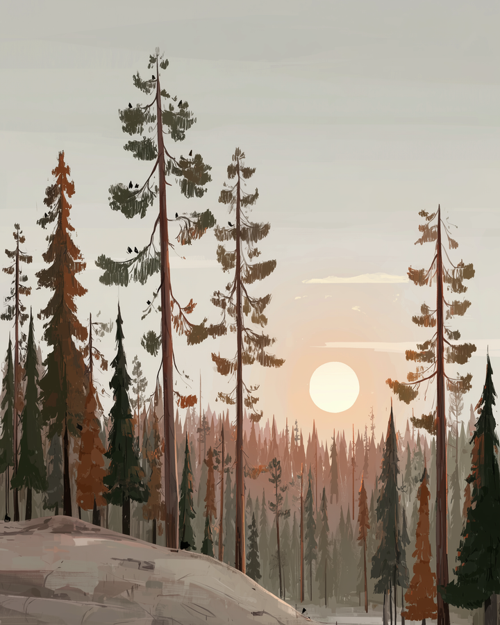 A serene forest scene at sunset features tall pine trees with sparse foliage silhouetted against a soft, glowing sun. The sky is a muted gray, blending into warm hues near the horizon, while the forest floor is gently sloped and textured.