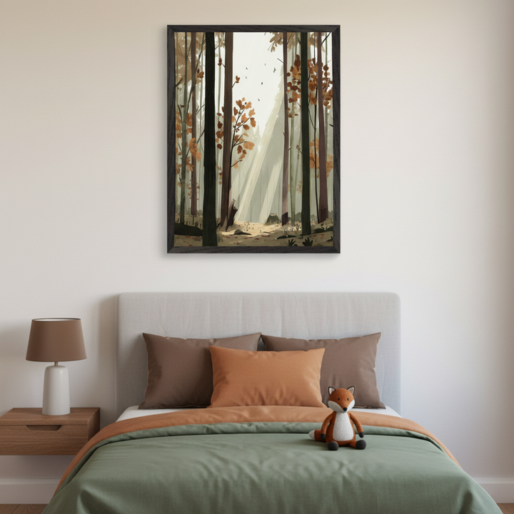 Kid's bedroom with a neutral upholstered bed and a wooden nightstand. A large, dark-framed print of a stylized forest with sunbeams cutting through tall trees hangs centered above the bed. A fox plush toy rests on the green bedding.