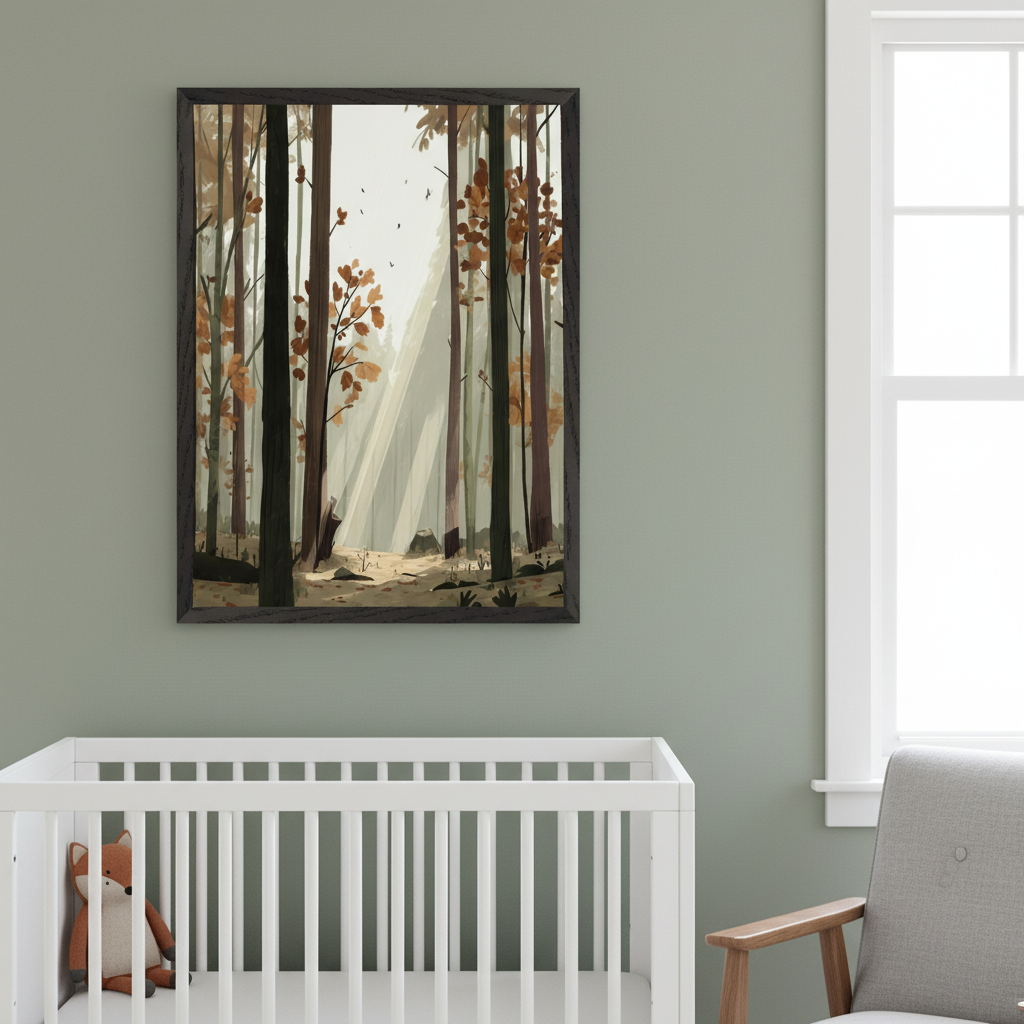 Modern nursery with a white crib holding a fox plushie and a gray armchair against a sage green wall. A framed artwork of a stylized forest with light rays and fall leaves hangs above the crib, left of a window.