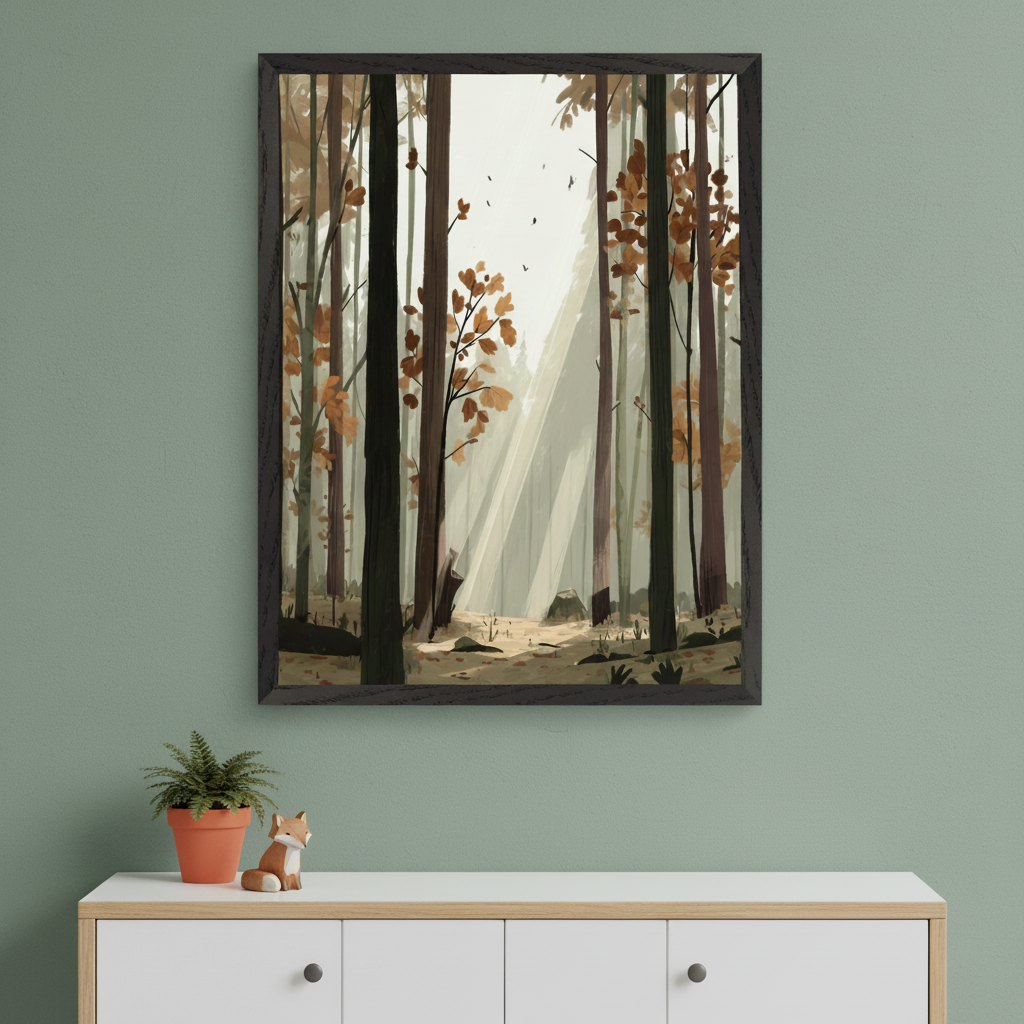 Modern room with a green wall. A framed print of a stylized forest scene with autumn trees and sunbeams hangs centered above a white dresser with a wood top. A potted plant and a small fox figurine are on the dresser.