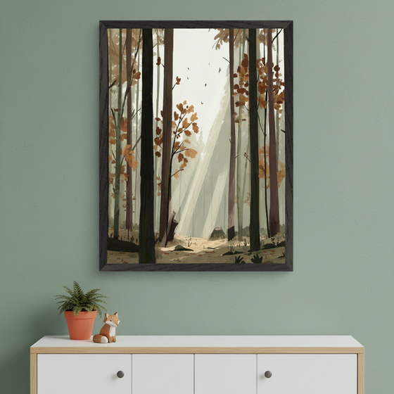 Modern room with a green wall. A framed print of a stylized forest scene with autumn trees and sunbeams hangs centered above a white dresser with a wood top. A potted plant and a small fox figurine are on the dresser.