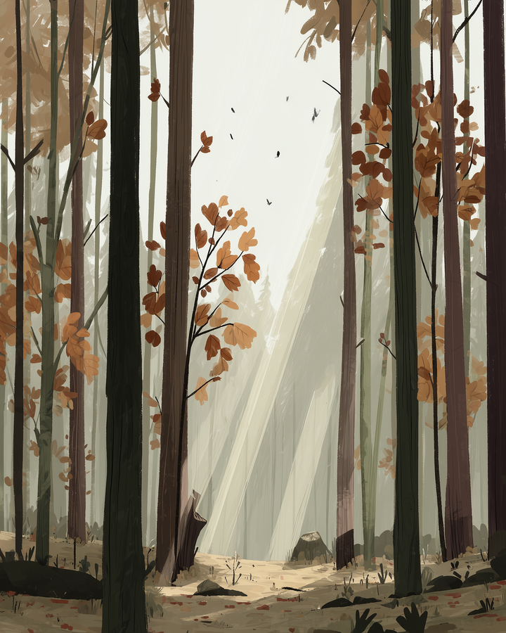 Sunlight streams through a serene forest, illuminating tall trees with autumn-colored leaves and casting soft shadows on the forest floor.