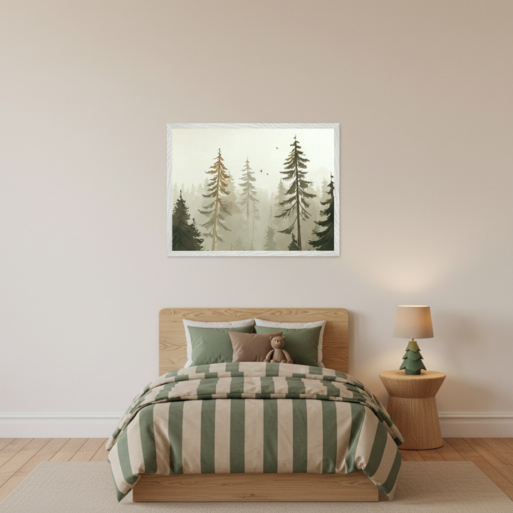 A cozy bedroom features a wooden bed with a green and beige striped duvet and matching pillows, accompanied by a small teddy bear. Above the bed hangs a framed painting of a serene forest scene. A wooden nightstand holds a lamp with a tree-shaped base, casting a warm glow.