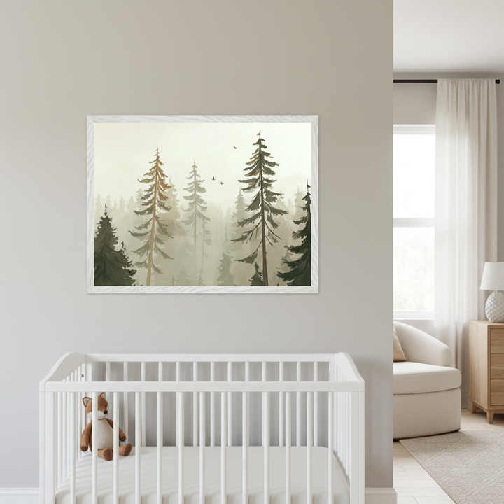 A serene nursery features a white crib with a plush teddy bear inside, set against a soft gray wall. Above the crib hangs a framed painting of a misty forest with tall evergreen trees and birds flying in the sky. Natural light filters in through a window with sheer curtains, illuminating the cozy space.