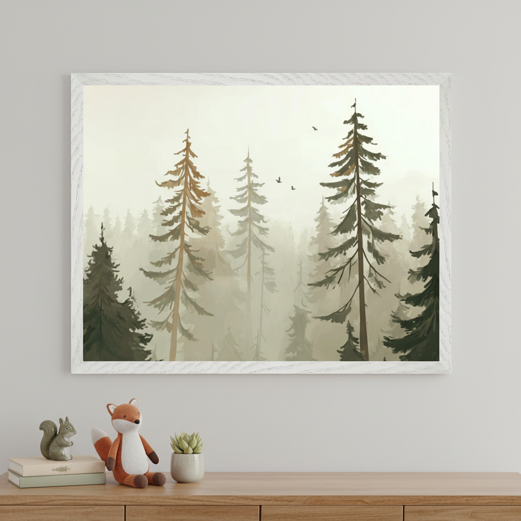 Framed artwork of a misty pine forest with tall evergreen trees fading into the distance and a few birds flying overhead. Below the art, a wooden dresser holds a plush fox toy, a small succulent, and books topped with a squirrel figurine, creating a cozy woodland-themed display.