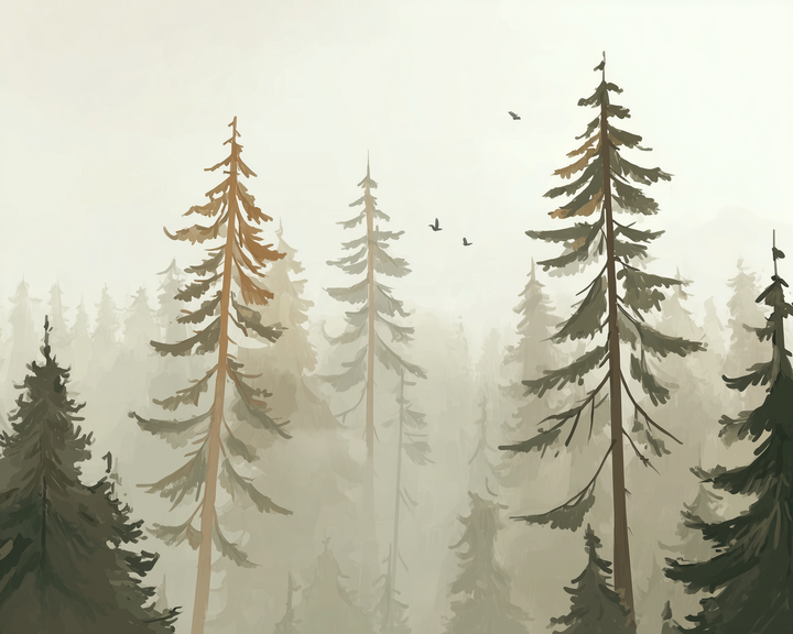 A serene forest scene with tall, slender pine trees rising through a misty atmosphere, their branches silhouetted against a pale sky. A few birds are seen flying in the distance, adding a sense of tranquility to the landscape.