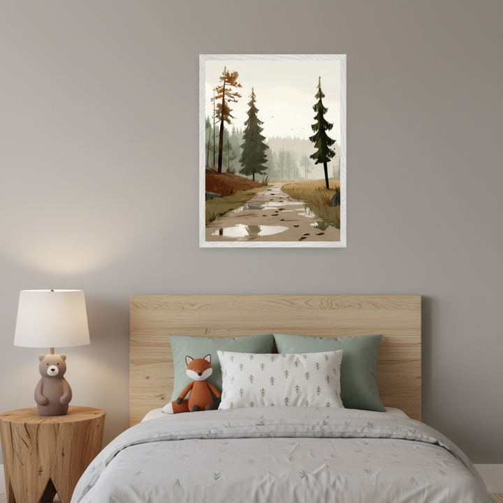 Kid's bedroom featuring a wooden headboard bed and nightstand. A framed illustrative painting of a forest path with trees, puddles, and footprints hangs above the bed. A bear lamp is on the nightstand; a fox plush rests on the bed.