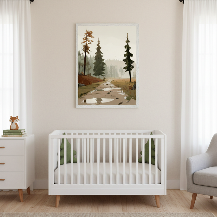 Modern nursery with a white crib containing two green tree pillows, a white dresser with a fox figurine, and a gray armchair. A framed illustrative forest print featuring a path with puddles and trees hangs above the crib on a beige wall.