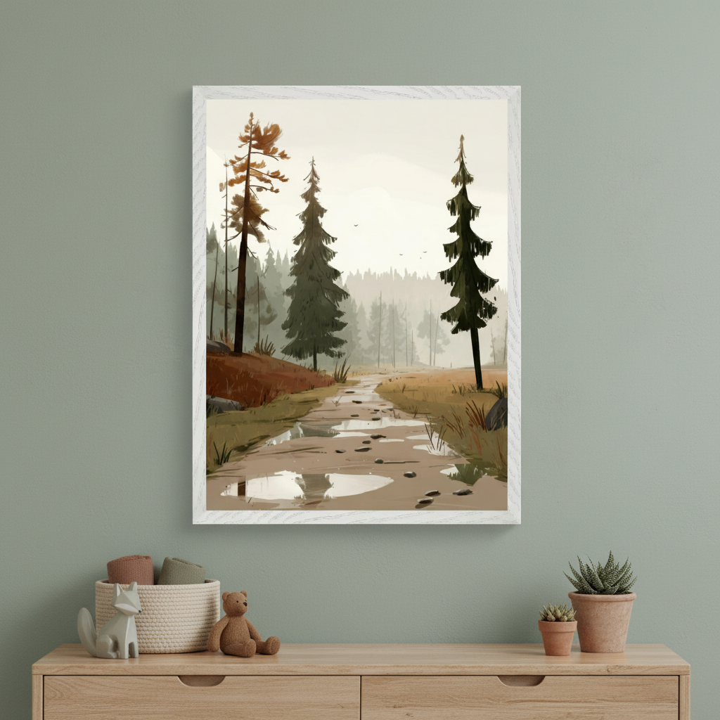 Framed illustration of a muddy forest path with puddles and scattered footprints, leading through tall pine trees under a soft, overcast sky. The artwork hangs on a green wall above a wooden dresser adorned with neutral-toned toys, baskets, and small potted plants, creating a calm, nature-inspired atmosphere.