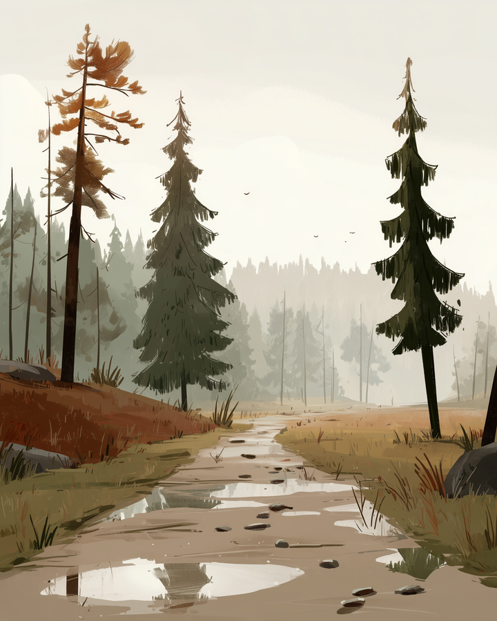 A serene forest scene features tall pine trees lining a narrow, muddy path with scattered puddles reflecting the overcast sky. The landscape is tinged with earthy tones, and a few birds can be seen flying in the distance against a misty backdrop.