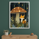 Modern room with a dark green wall and light wood dresser. A framed stylized illustration of a fox under a mushroom in a dark forest hangs above the dresser. A potted plant, fox figurine, and stacked stones are on the dresser.