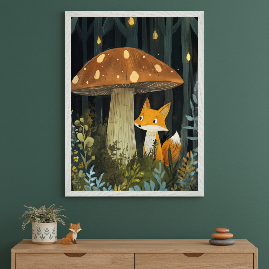 Modern room with a dark green wall and light wood dresser. A framed stylized illustration of a fox under a mushroom in a dark forest hangs above the dresser. A potted plant, fox figurine, and stacked stones are on the dresser.