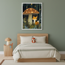 Kid's bedroom with a natural wood bed, cream bedding, and a small fox plushie. Above the bed hangs a framed illustration of a fox under a spotted mushroom in a dark forest with hanging lights. A mushroom lamp sits on a matching wood nightstand.