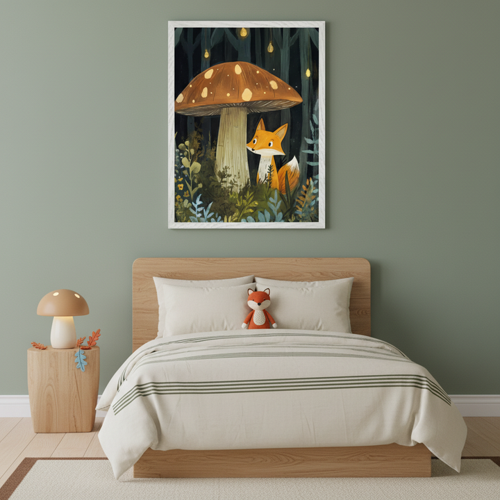 Kid's bedroom with a natural wood bed, cream bedding, and a small fox plushie. Above the bed hangs a framed illustration of a fox under a spotted mushroom in a dark forest with hanging lights. A mushroom lamp sits on a matching wood nightstand.