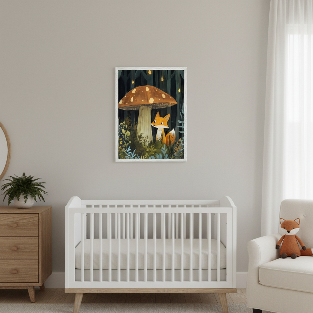 Modern nursery with a white crib, wooden dresser, and armchair. A framed illustration of an orange fox peeking from behind a large brown mushroom in a dark forest hangs centered above the crib.