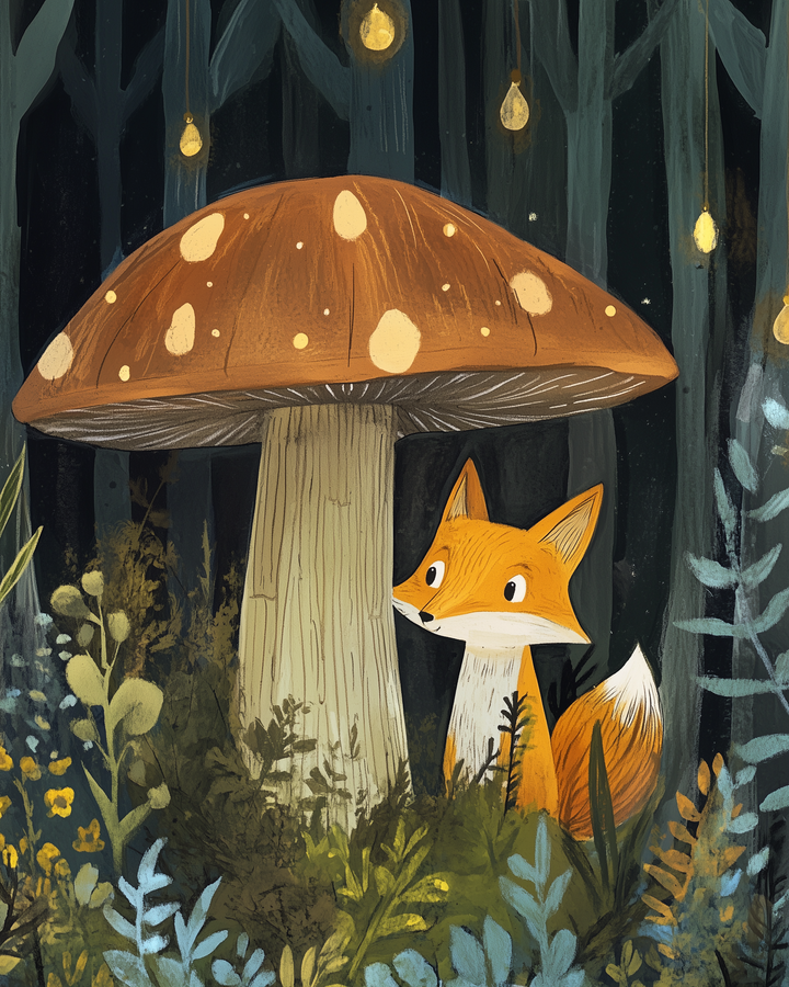Cute orange fox with a white belly sits beside a giant spotted mushroom in a dark, enchanted forest. Surrounded by glowing hanging lights and lush greenery, the scene feels mysterious and magical.
