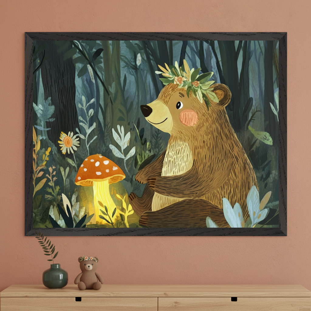 A framed illustration of a cheerful bear sitting in a forest, surrounded by plants and flowers. The bear is wearing a flower crown and sitting next to a glowing mushroom. In the foreground, there's a small potted plant and a stuffed teddy bear on a wooden shelf. The wall behind is a soft peach color.
