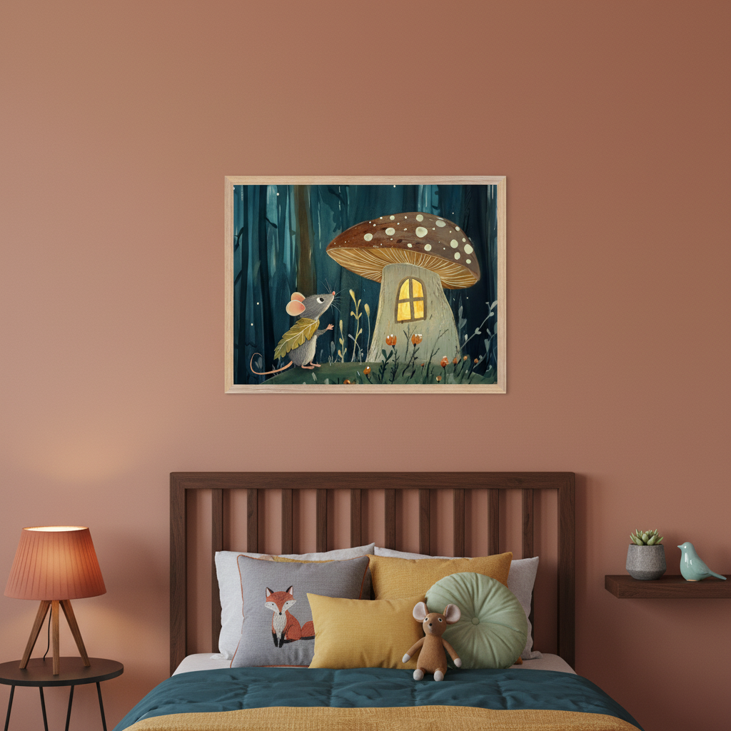 Kid's bedroom with a dark wood bed and headboard. A light wood framed painting of a whimsical forest scene featuring a mouse holding a leaf next to a glowing mushroom house hangs centered above the bed. A nightstand with a lamp and a floating shelf are also present.