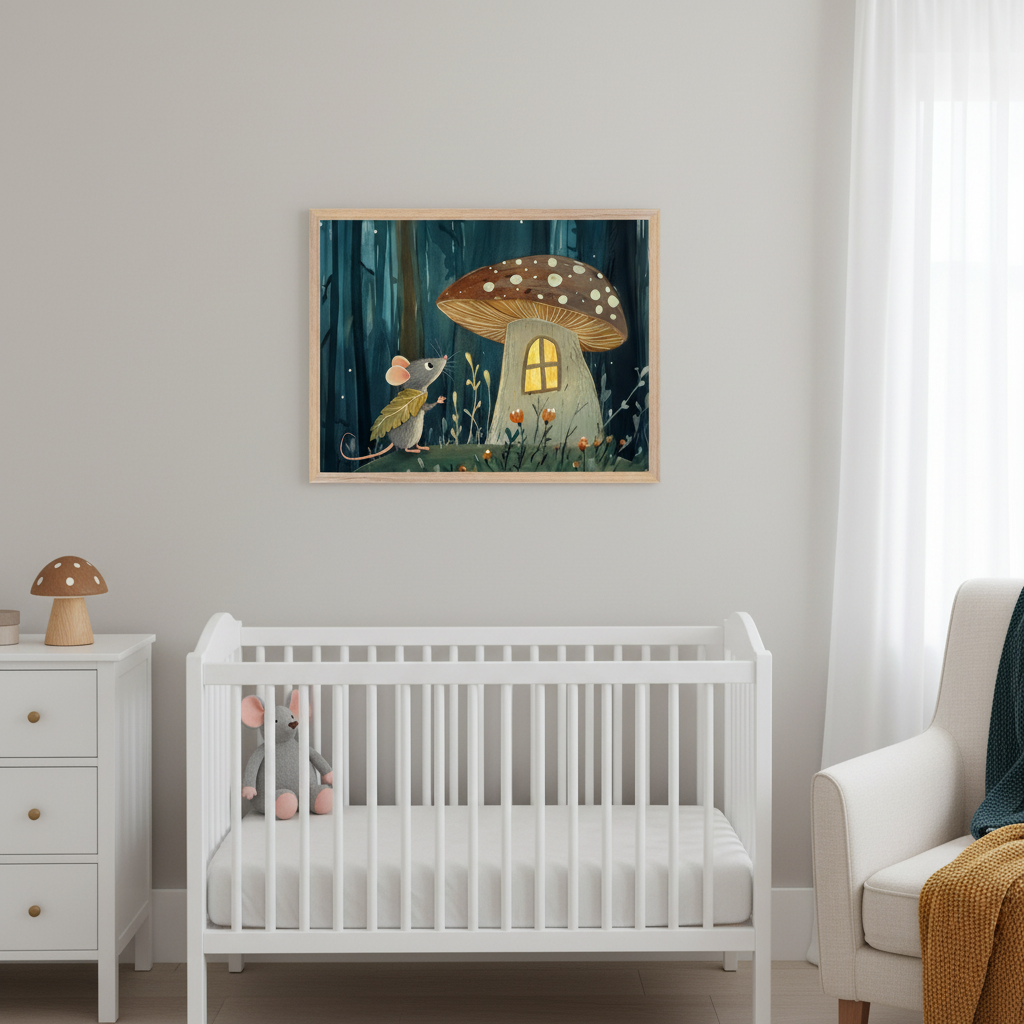 Modern nursery with a white crib, dresser, and armchair. A wooden-framed print of a mouse holding a leaf next to a glowing mushroom house in a dark forest hangs above the crib.