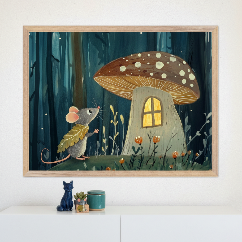 A charming illustration of a small mouse standing in front of a large, glowing mushroom house in a forest. The mouse wears a leaf-shaped cloak and gazes at the mushroom house with curiosity. The house has a warm light coming from a small window, and the surrounding forest is dark, with glowing plants and flowers. The image is framed in a light wood frame and displayed above a white shelf with small decorative objects, including a cat figurine and a plant pot.
