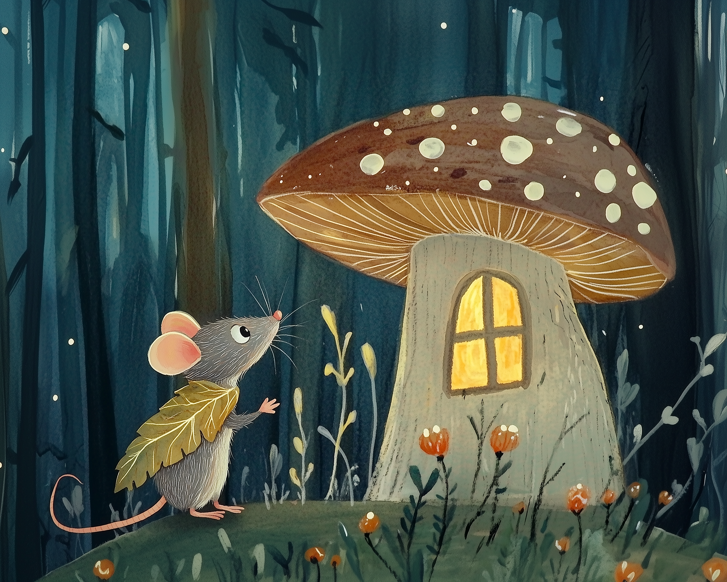 A whimsical illustration depicts a small mouse with a leaf cloak standing in a forest, gazing up at a mushroom-shaped house with a warmly lit window. The scene is surrounded by tall trees and small orange flowers, creating a magical nighttime atmosphere.