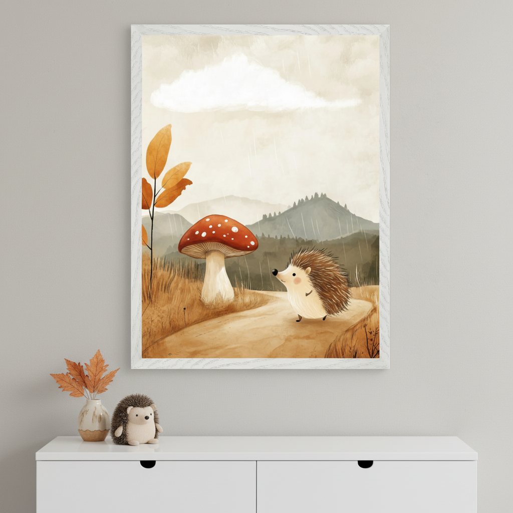 A whimsical illustration of a hedgehog walking along a path with a large red mushroom on the side. The scene is set in a rainy, autumn landscape with rolling hills in the background. The sky is cloudy, and orange autumn leaves are scattered in the scene. A small hedgehog plush sits on a white shelf beneath the framed artwork.