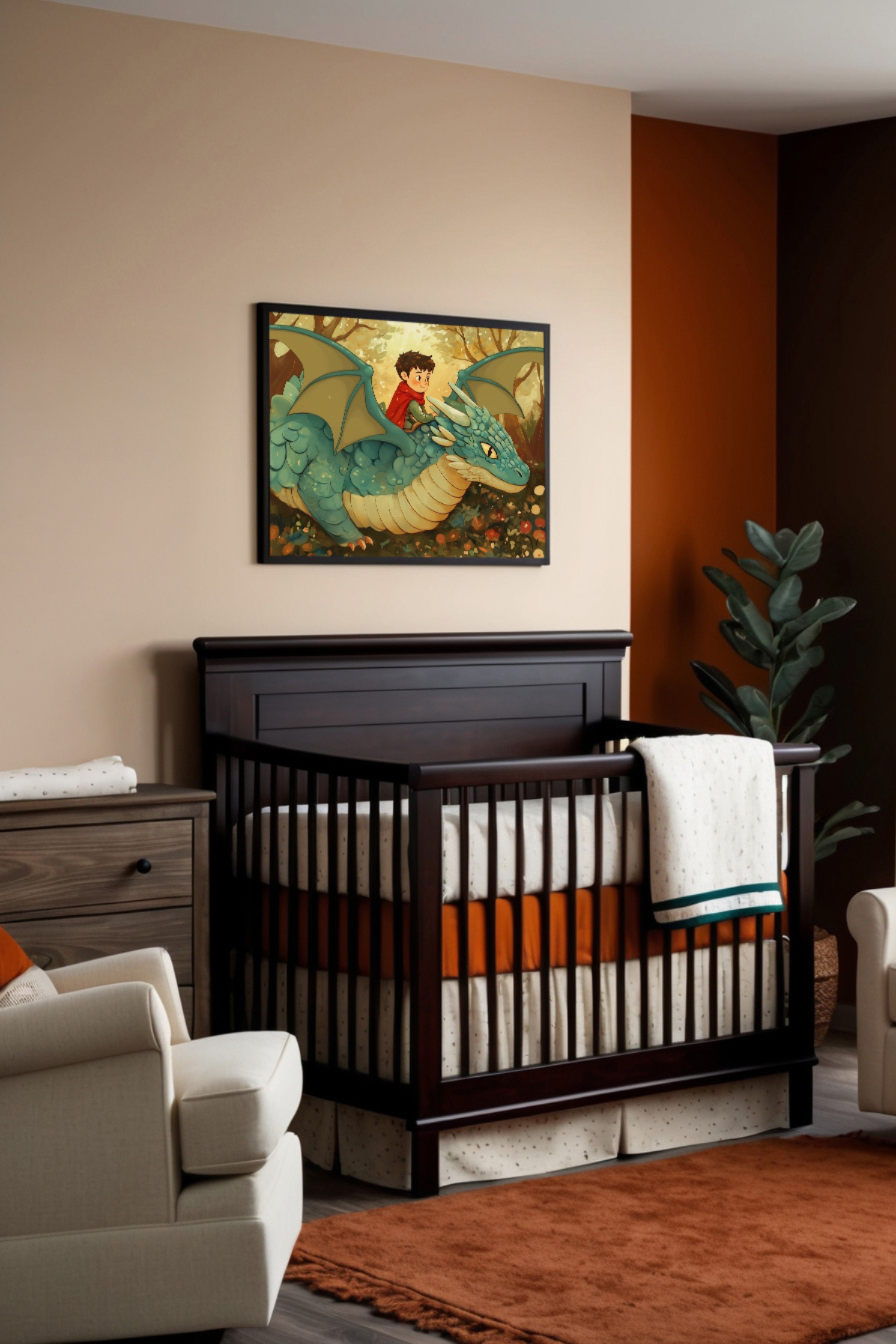 Cozy nursery room with warm, earthy tones featuring a dark wooden crib and a framed artwork of a whimsical illustration depicting a young child in a red cape happily riding a friendly teal dragon against a magical, golden-lit background.