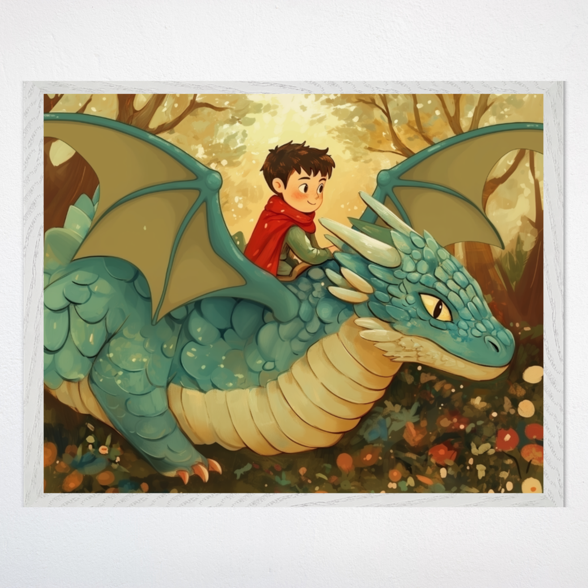 Illustration of a smiling young boy in a red cape, joyfully riding on the back of a friendly teal dragon, surrounded by soft greenery and a warm, golden background. The artwork exudes adventure and fantasy, ideal for children's rooms or nursery decor.