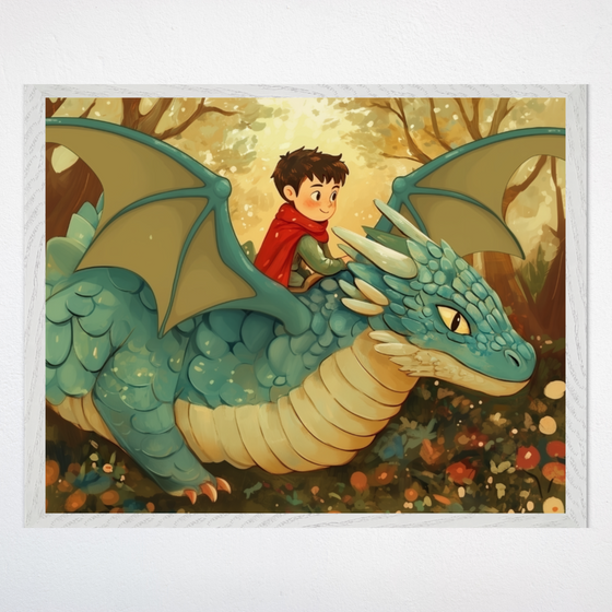 Illustration of a smiling young boy in a red cape, joyfully riding on the back of a friendly teal dragon, surrounded by soft greenery and a warm, golden background. The artwork exudes adventure and fantasy, ideal for children's rooms or nursery decor.
