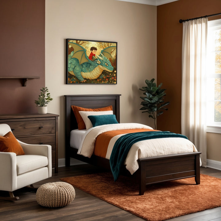 A warm, inviting children's bedroom decorated with earthy tones and cozy textures, featuring a wooden bed, plush chair, and a playful framed artwork above the bed of a young child in a red cape riding a teal dragon in a whimsical, golden landscape.