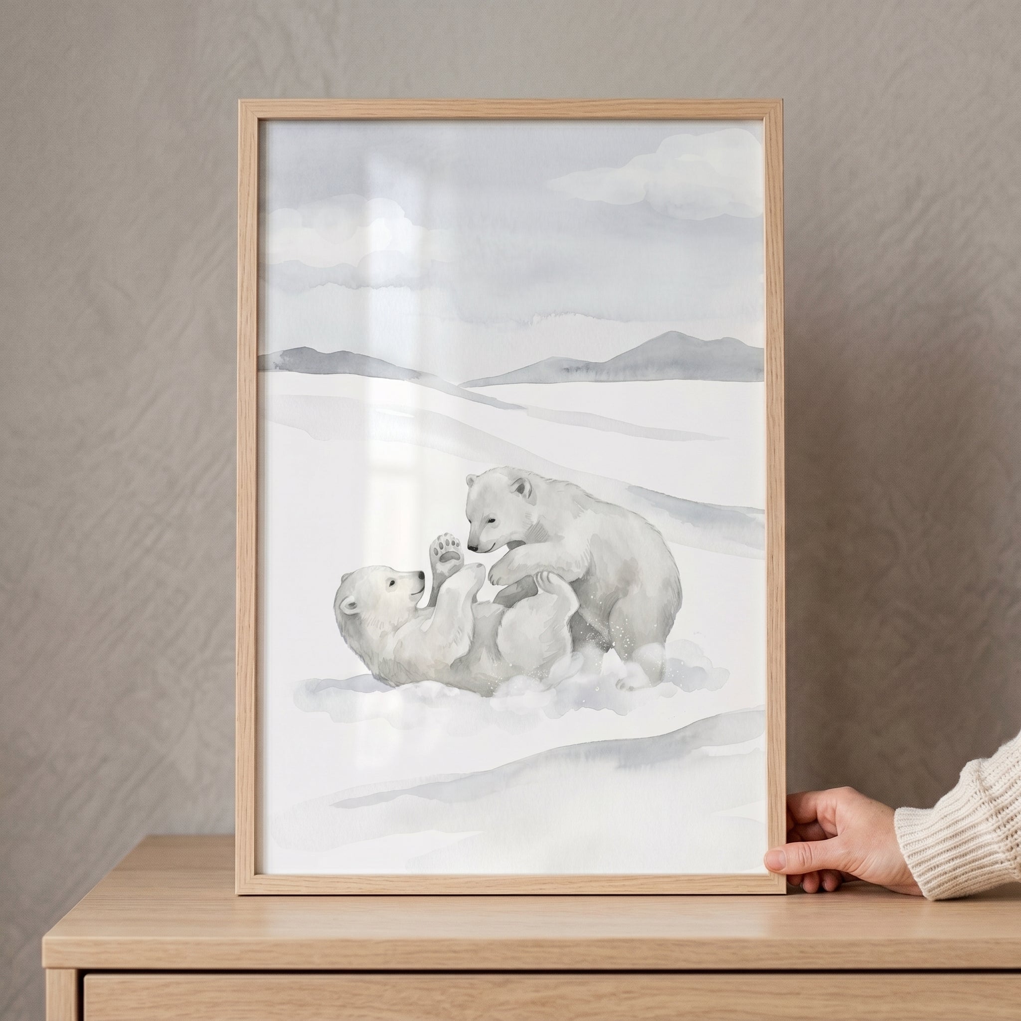 Wrestling Snowy Polar Bear Wall Art - Arctic Cub Play