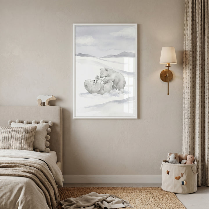 Wrestling snowy polar bear wall art hangs above a bed in a neutral nursery with a wall lamp and a basket of plush toys.