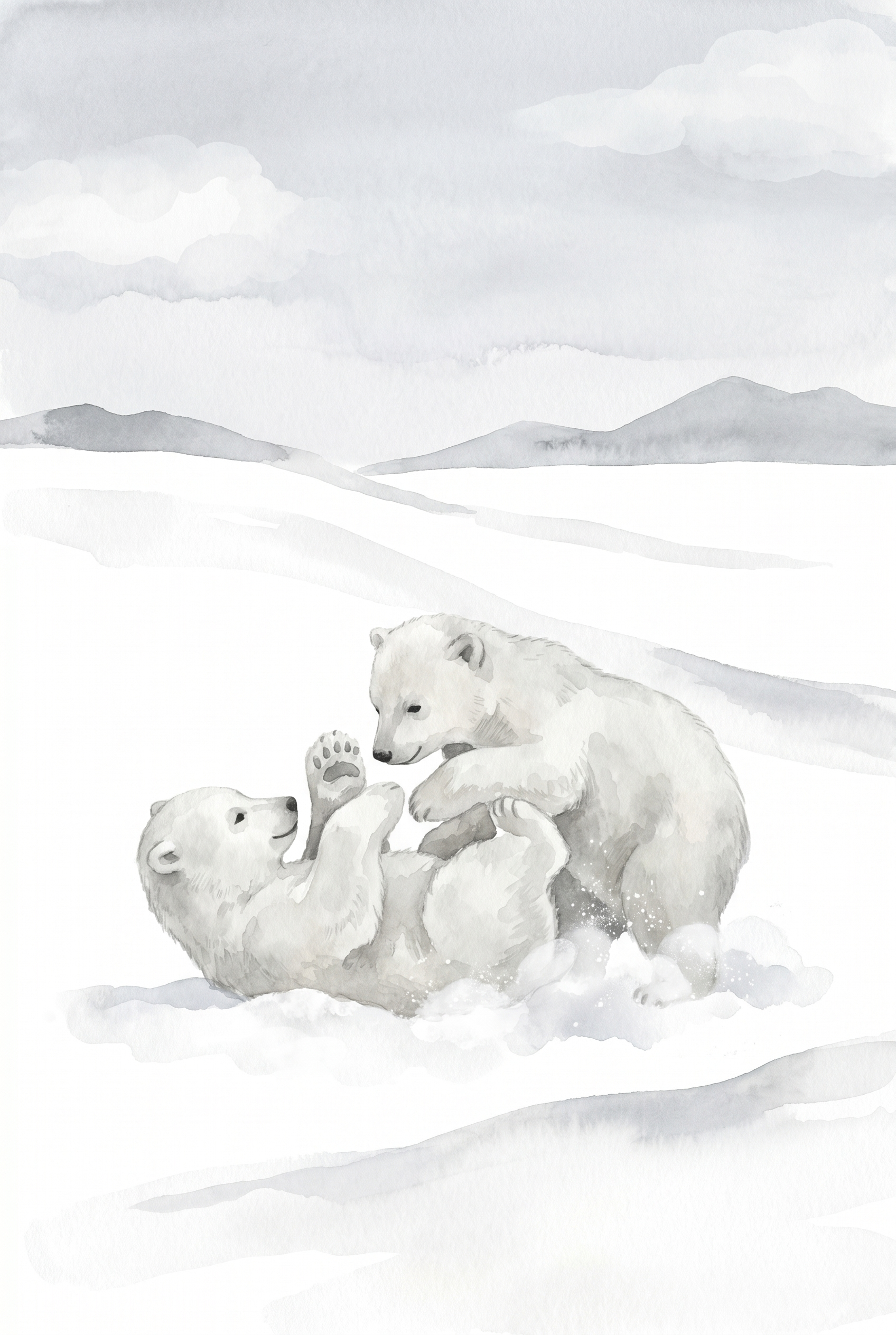 Wrestling Snowy Polar Bear Wall Art - Arctic Cub Play