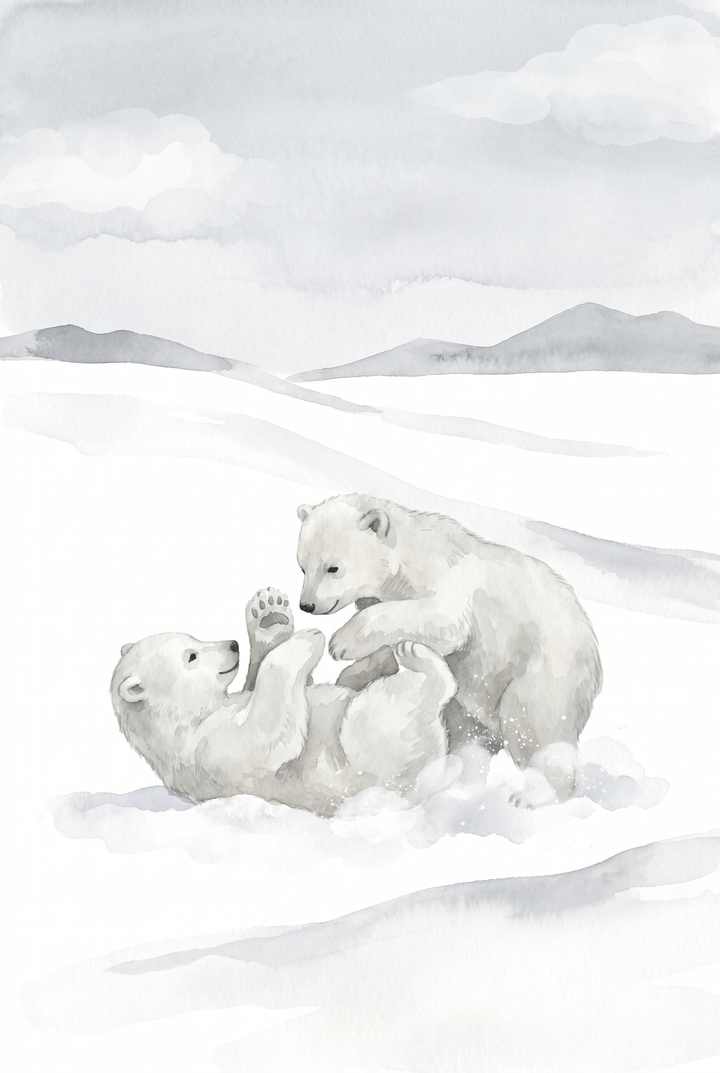 Two polar bear cubs play in a soft grey watercolor landscape in this wrestling snowy polar bear wall art.
