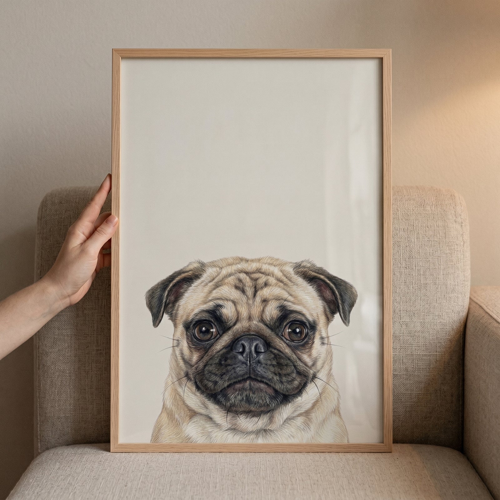 Hand holds a light wood frame featuring wrinkly fawn face pug wall art against a neutral textured armchair.