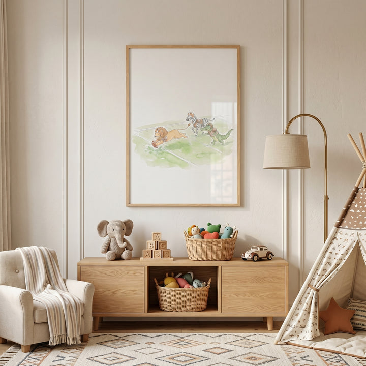 Nursery featuring a teepee, armchair, and yard line football animals wall art above a wooden cabinet with toys.