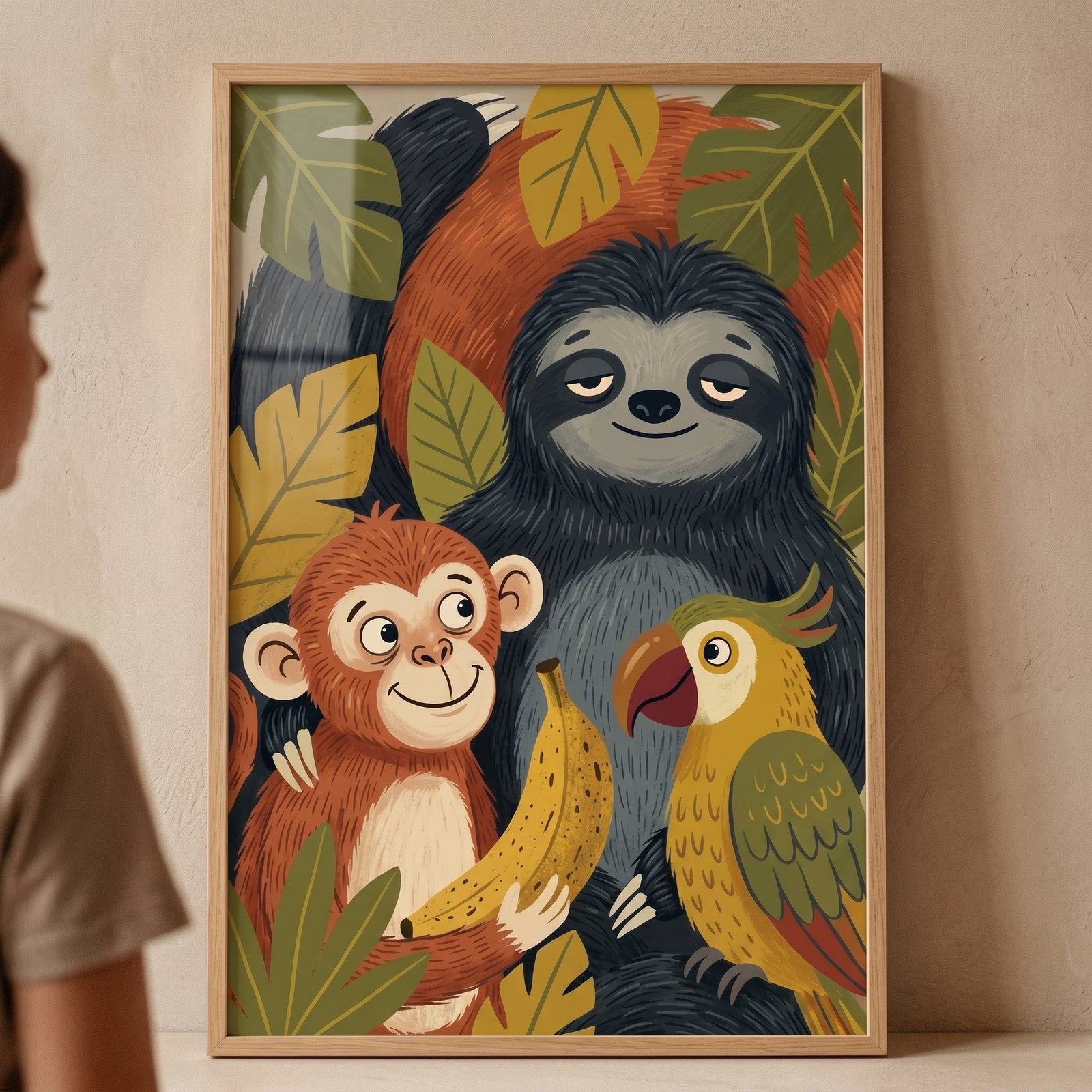 Cartoon sloth and parrot featured in yellow banana happy monkey animals wall art with colorful tropical jungle leaves.