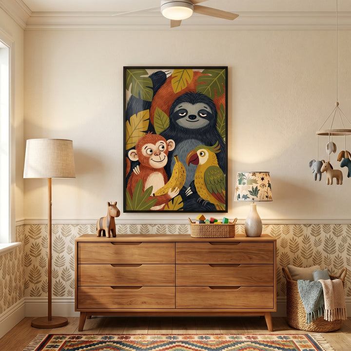Yellow banana happy monkey animals wall art hangs above a wooden dresser in a nursery with a floor lamp and a mobile.