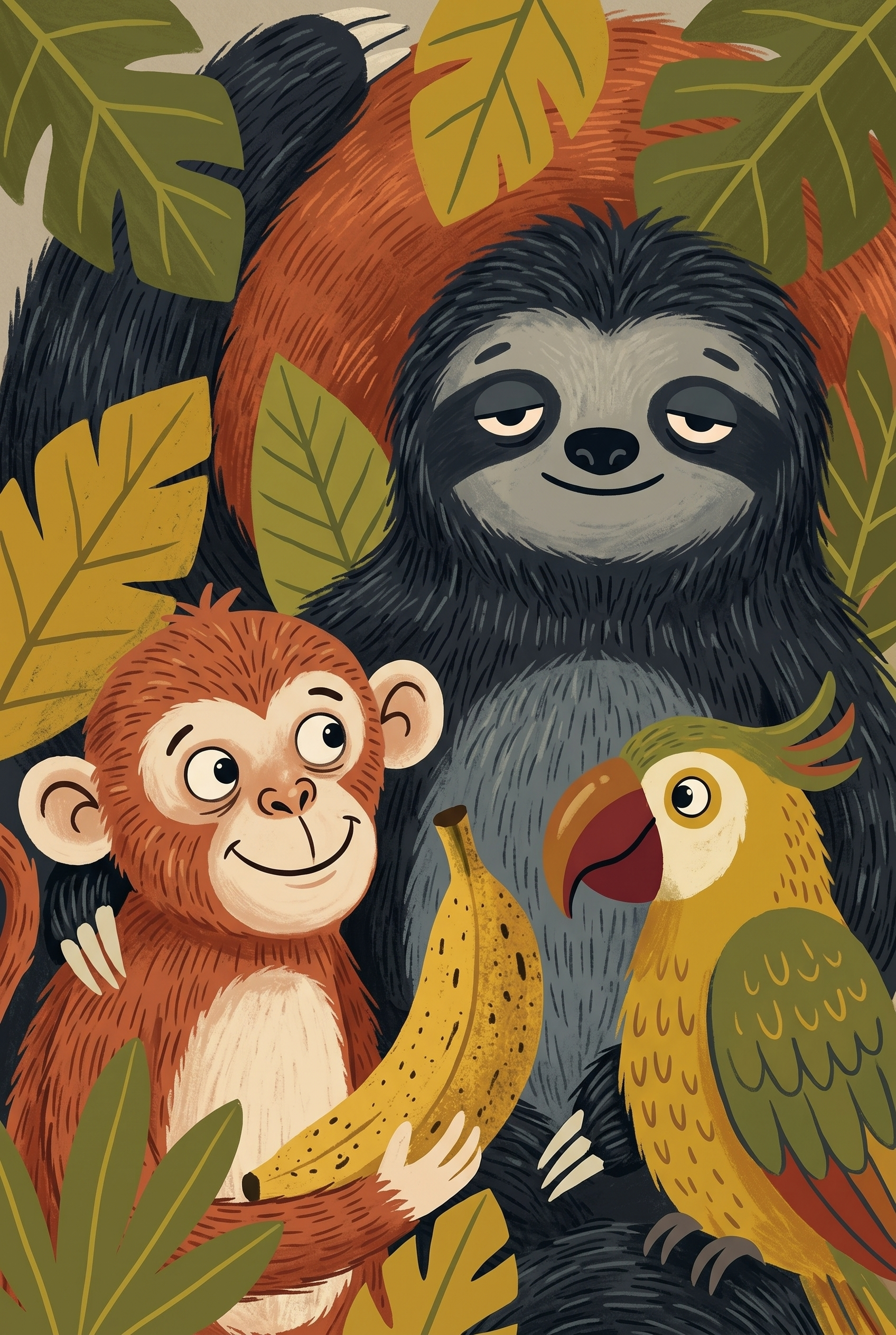 Yellow Banana Happy Monkey Animals Wall Art - Tropical Jungle Friends
