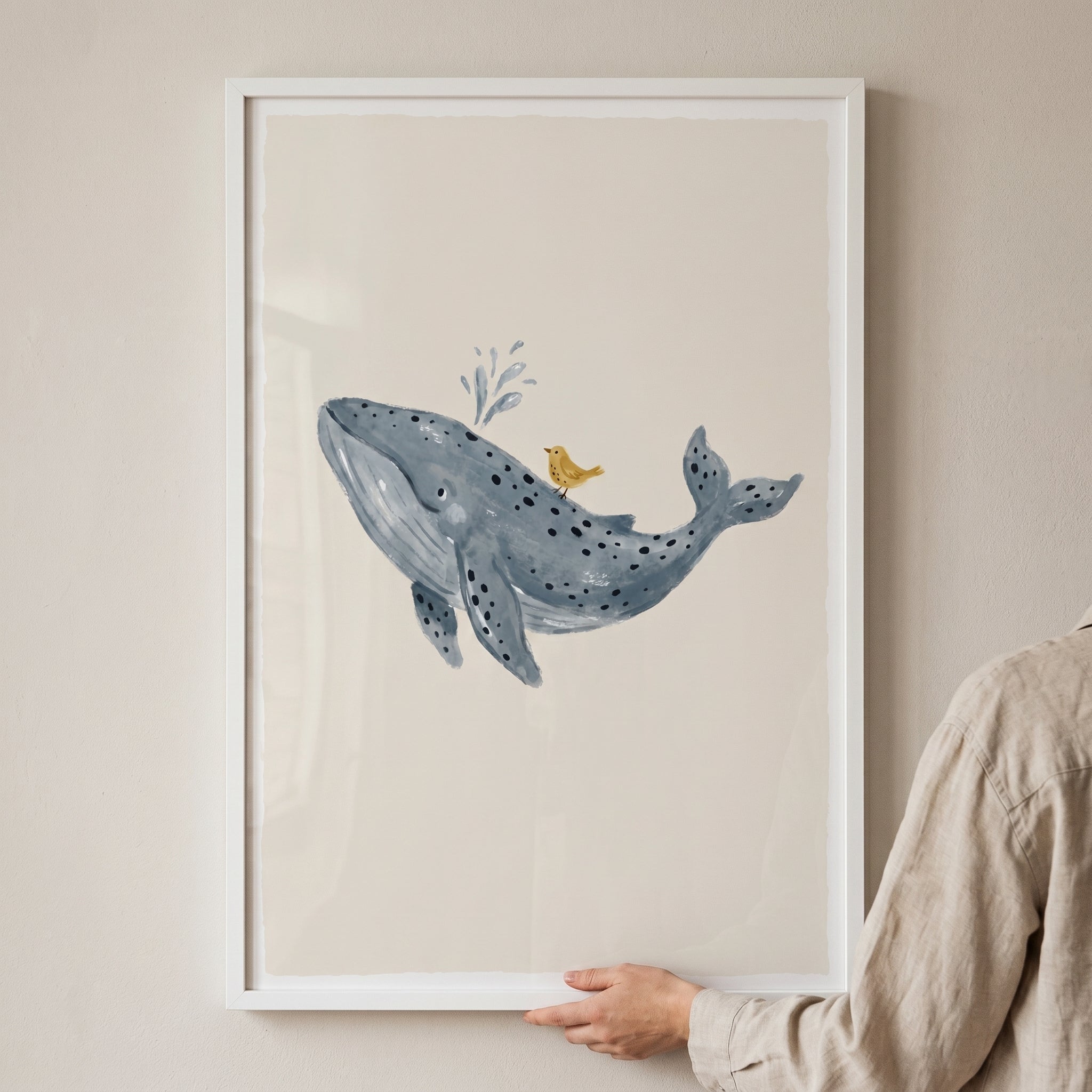 Yellow Bird Resting Whale Artwork - Blue Whale Journey