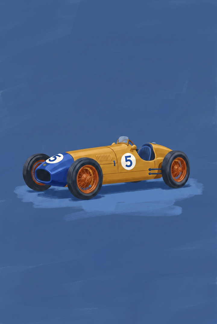 Yellow blue vintage car wall art featuring a number 5 race car with orange wire wheels on a blue background.