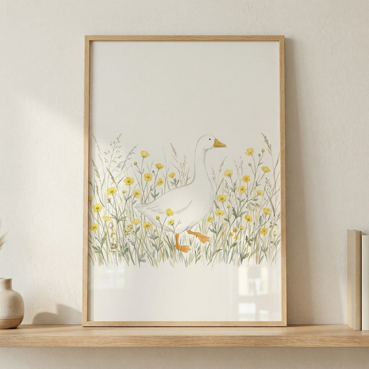 A minimalist watercolor illustration of a lone white goose strolling through a meadow of slender green grasses and cheerful yellow buttercups. The goose is portrayed in mid-stride with subtle orange details on its bill and webbed feet. The overall aesthetic is clean and airy, featuring a soft and muted color palette on a pale cream backdrop. This nature-themed artwork is displayed within a light-toned wooden frame, resting on a plain wooden shelf in a room with warm, natural lighting.