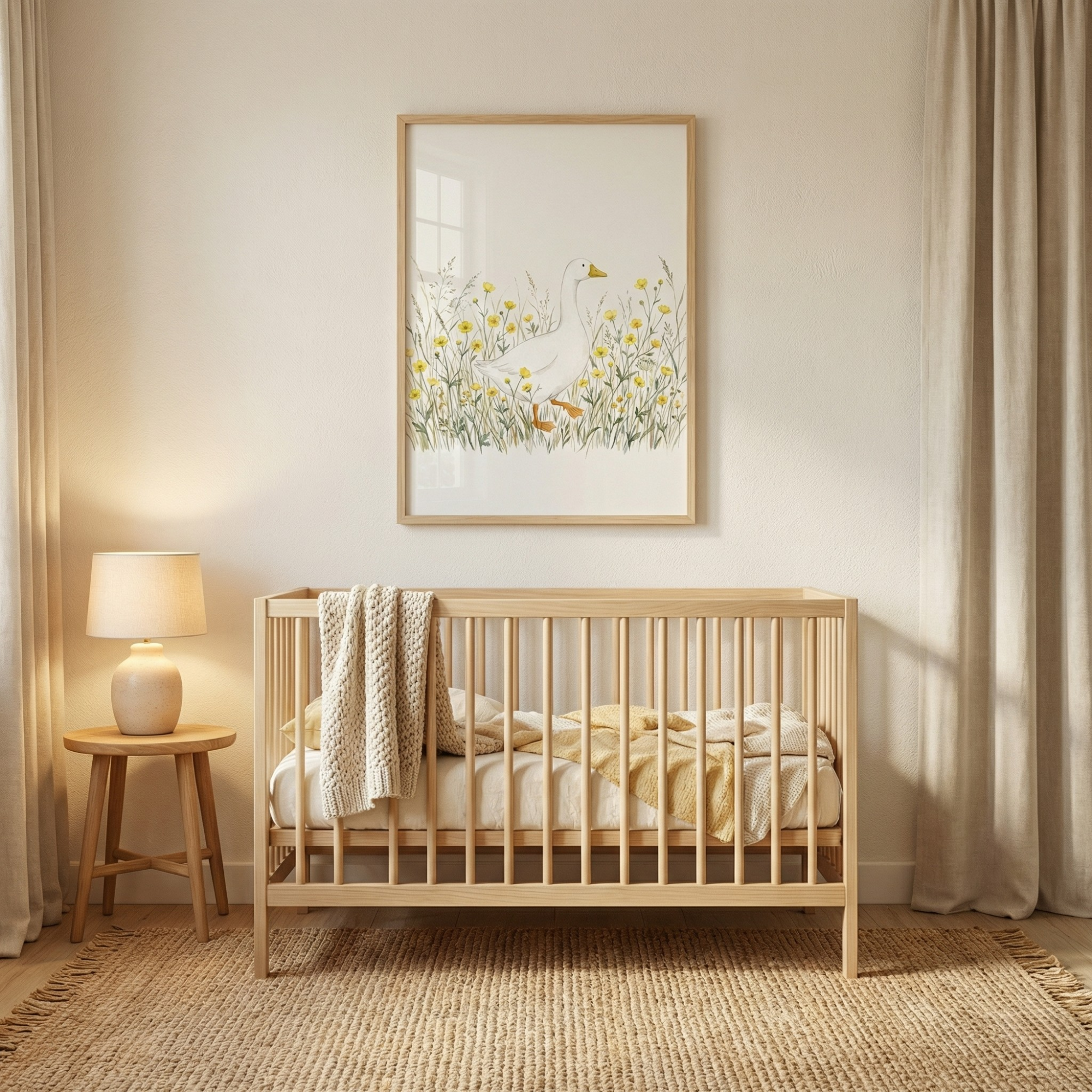 A serene and minimalist nursery setting featuring a light-toned wooden crib. Layered across the mattress are textured blankets in shades of cream and soft yellow. Directly above the crib hangs a framed artwork in a matching wooden frame, depicting a white goose wandering through tall grass and delicate yellow wildflowers. To the left, a small wooden side table holds a ceramic lamp with a fabric shade. A large, natural-fiber woven rug covers the floor beneath the furniture.