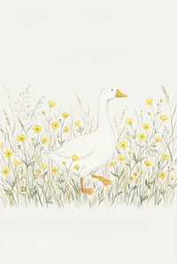  Soft watercolor illustration of a white duck walking through a field of delicate yellow wildflowers and tall grasses on a light neutral background. The airy composition and muted tones create a gentle countryside feel.
