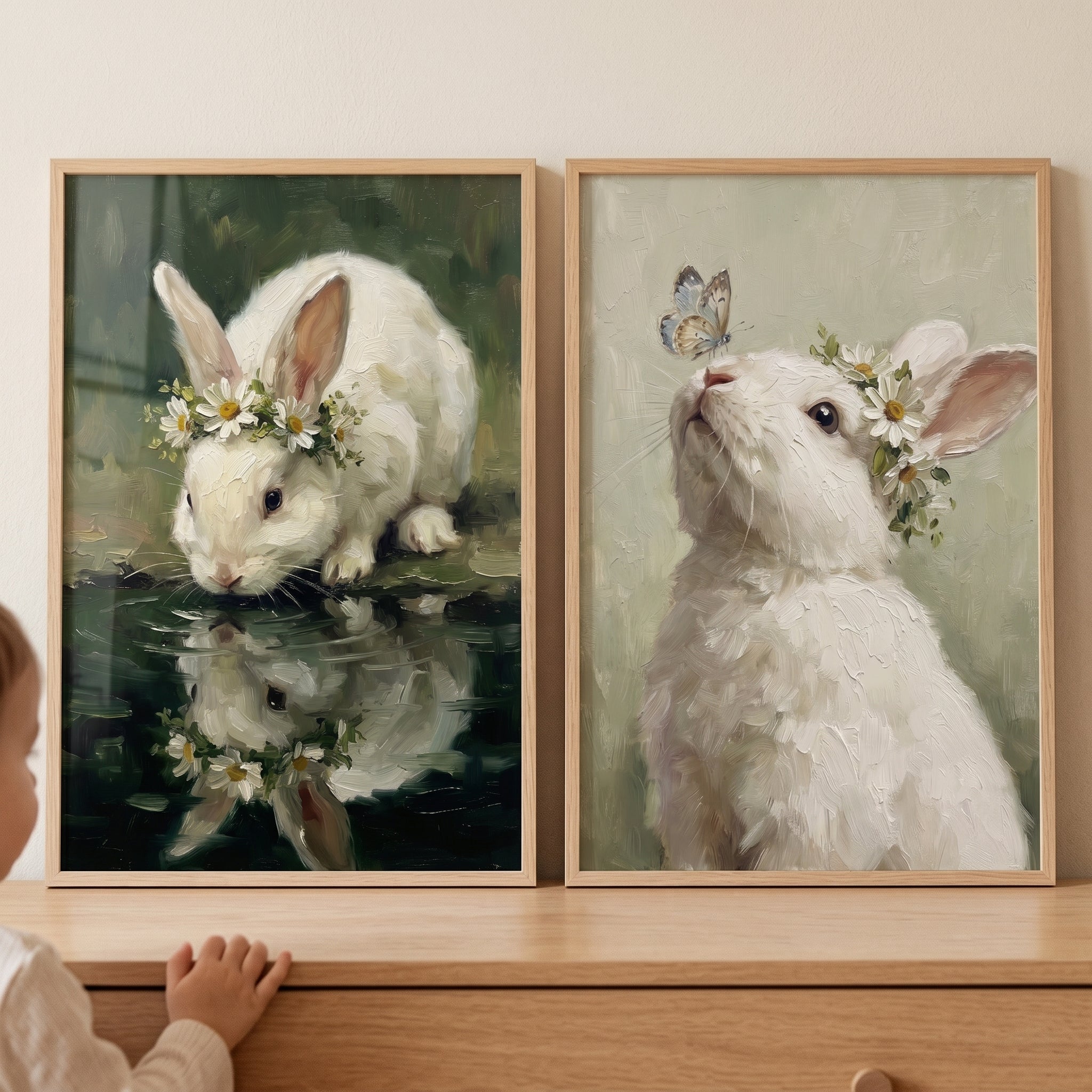 Yellow Center Daisy Bunny Wall Art Set of 2 - Whimsical Daisy Hare