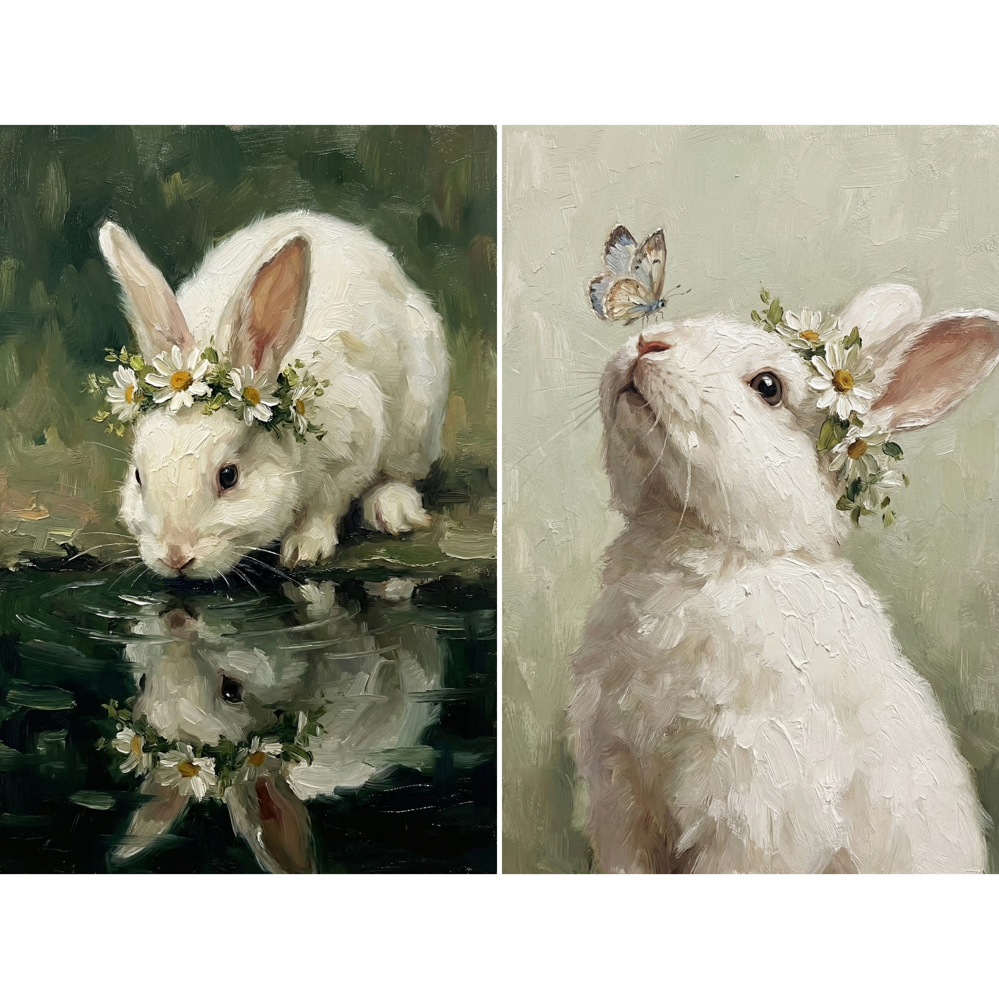 Yellow Center Daisy Bunny Wall Art Set of 2 - Whimsical Daisy Hare