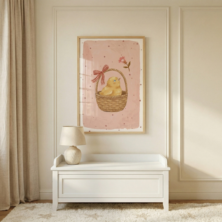 A framed illustration of a small yellow bird sitting in a brown woven basket hangs on a cream-colored wall with panel molding. The basket features a red and white checkered bow on its handle. The artwork has a dusty pink background speckled with tiny dots and a single pink flower hovering above the bird. Below the frame, a white wooden storage bench sits on a white shag rug with a star pattern. A small lamp with a cream-colored base and shade is placed on the left side of the bench. 