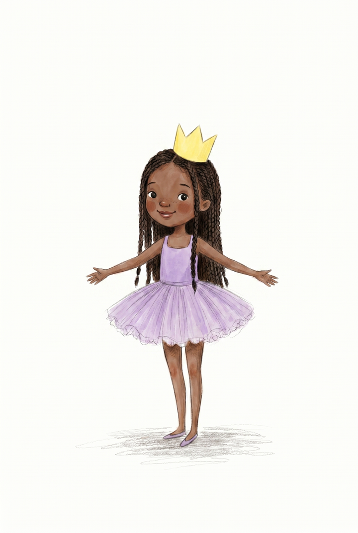 Young Black girl with braids wearing a purple tutu and slippers in yellow crown ballerina girl wall art.