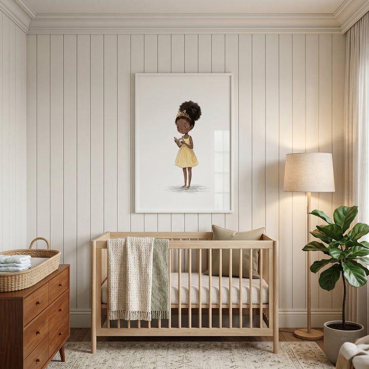 Nursery with a light wood crib, floor lamp, and yellow dress reading girl wall art on a white paneled wall.