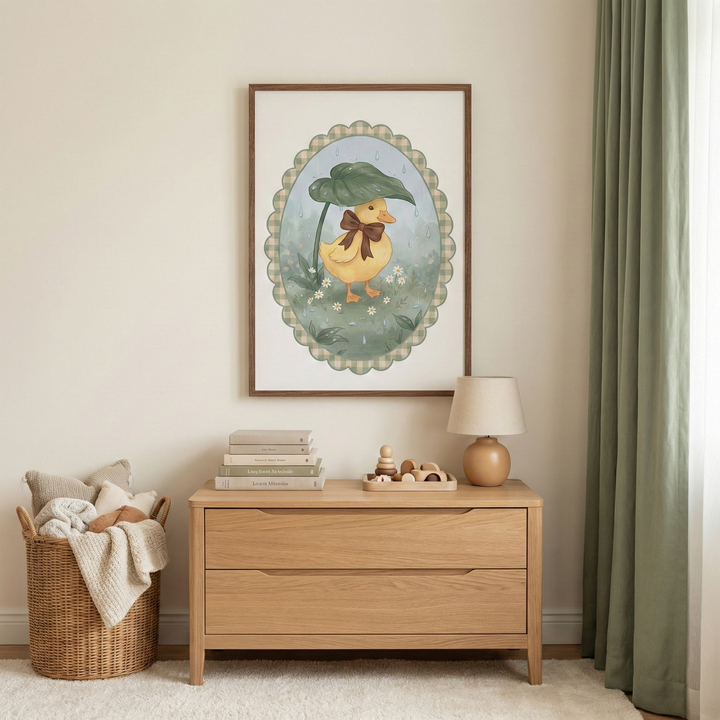 A cozy nursery interior with muted neutral and sage green decor. On a beige wall hangs a dark-framed illustration of a small yellow duckling holding a large leaf like an umbrella. Below, a light wood dresser holds a stack of books, a wooden lamp, and simple wooden toys. A wicker basket with soft linens sits to the left, while long green curtains frame the right side. The scene is finished with a plush cream rug on the floor.
